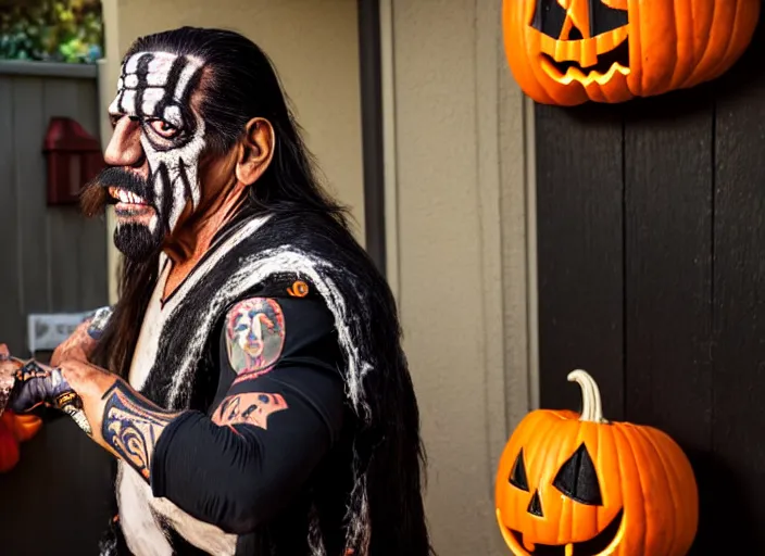 Prompt: dslr photo still of danny trejo trick or treating on halloween, 4 k, 1 2 0 mm f 1 6