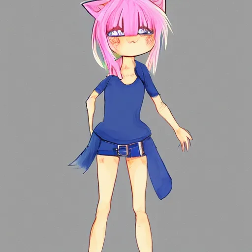 Image similar to full body character concept art of a little cat girl with yellow hair and blue eyes in chibi style