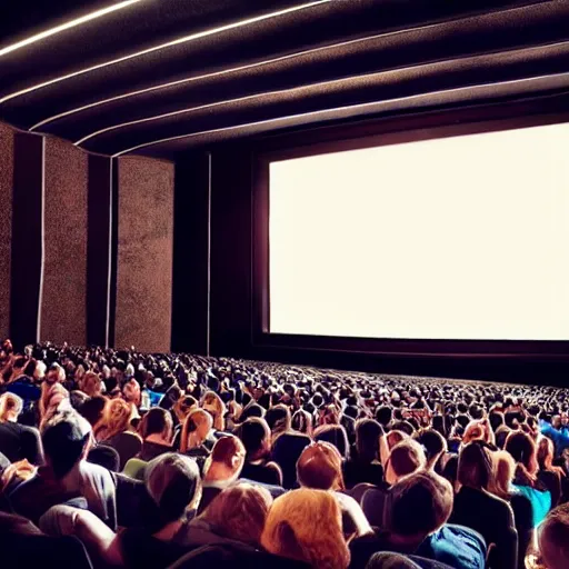 Image similar to movie theatre of people looking down at their cell phones while the movie is showing. image taken at front of theatre looking towards the crowd. dark only light coming from the screen. audience illuminated