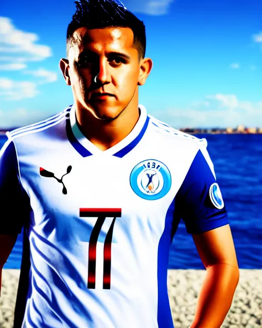 Prompt: portrait Anime Alexis Sanchez; white football shirt, Marseille beach in background || cute-fine-face, pretty face, realistic shaded Perfect face, fine details. Anime. realistic shaded lighting