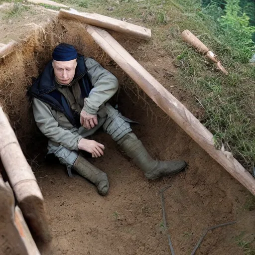 Prompt: Putin is sitting in a trench somewhere in Ukraine.