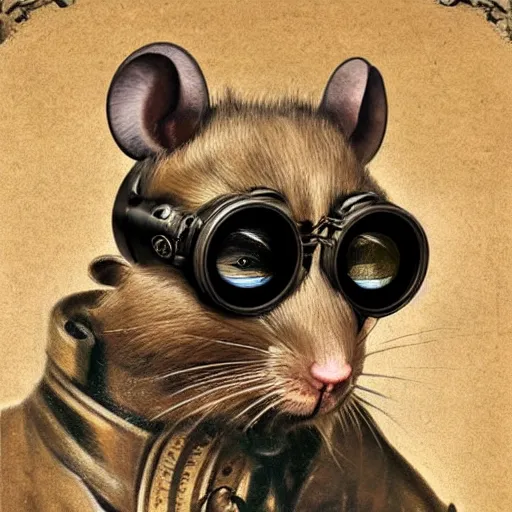 Image similar to a rat with steampunk googles, by Guillaume Seignac