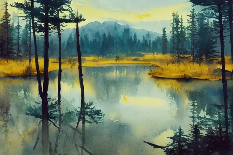 Image similar to small centered on watercolor paper, paint brush strokes, abstract watercolor painting of golden night at mini lake, heavy pine forest, cinematic light, american romanticism by hans dahl, by jesper ejsing, by anders zorn, by greg rutkowski, by greg manchess, by tyler edlin