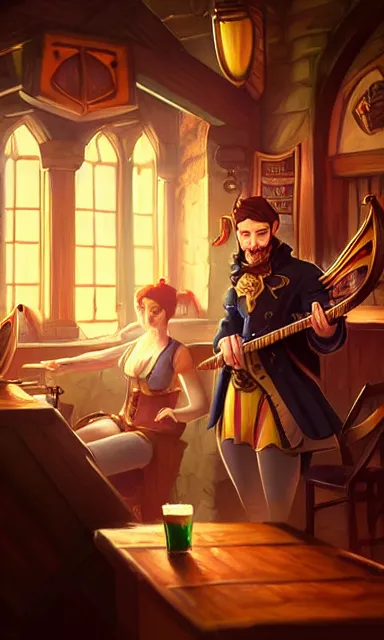 Prompt: a bard in a pub, d & d, portrait, sharp focus, fantasy, digital art, concept art, dynamic lighting, epic composition, by emylie boivin 1. 0, rossdraws 2. 5