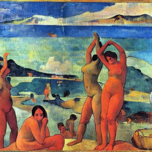 Image similar to Young ladies bathing close to Naples Vesuvio as Paul Gauguin style