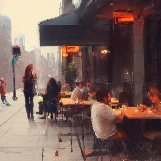 Prompt: a couple dining outside at a lower west side restaurant, greg rutkowski