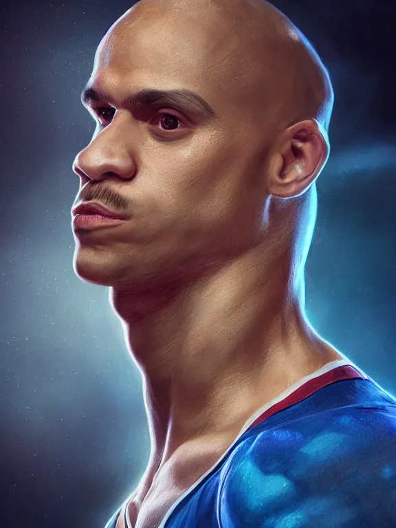 Image similar to portrait art of Tyler1 with long flowing hair, 8k ultra realistic , lens flare, atmosphere, glow, detailed, intricate, full of colour, cinematic lighting, trending on artstation, 4k, hyperrealistic, focused, extreme details, unreal engine 5, cinematic, masterpiece