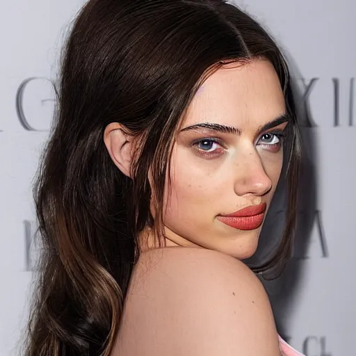 Image similar to a woman who is a genetic combination of kim kardashian and kat dennings and scarlett johansson and margot robbie and emma watson, face and upper - body focus