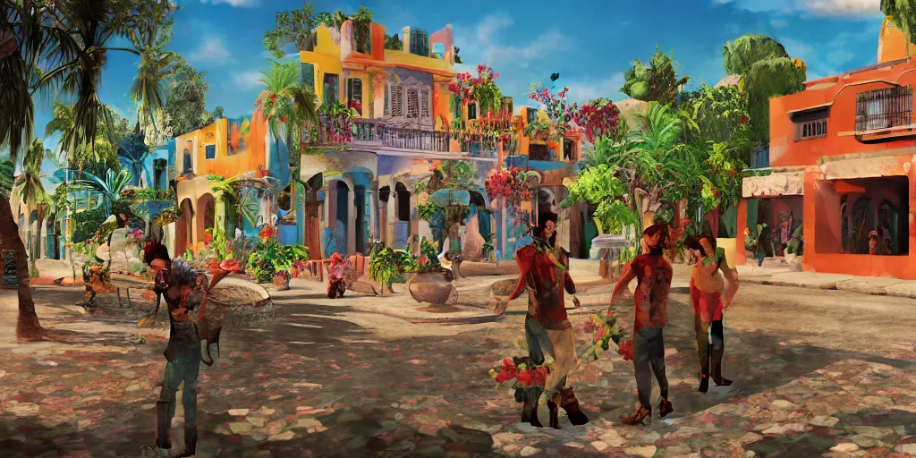 Image similar to An epic fantastic realism comic book style painting of the mexican colonial town environment with beautiful houses, exquisite bouquets from an happy culture, fisheye, unreal 5, DAZ, hyperrealistic, octane render, dynamic lighting