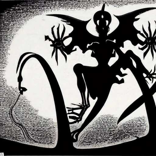 Image similar to In the center of the sculpture is a large gateway that seems to lead into abyss of darkness. On either side of the gateway are two figures, one a demon-like creature, the other a skeletal figure. vector art, cyanotype by Greg Land flowing