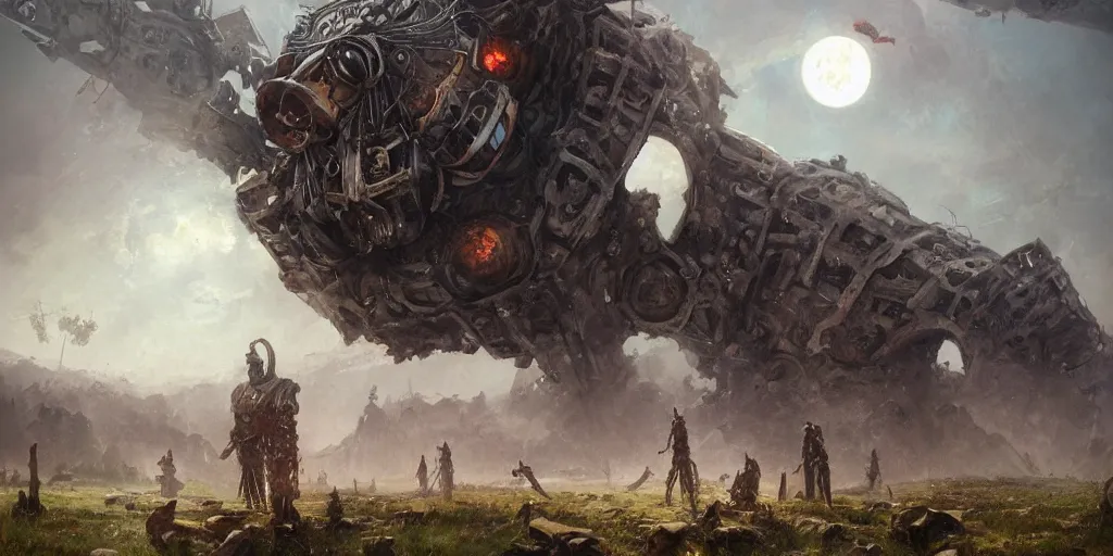 Prompt: a hole in ruined broken steel titan colossus laying on his knees field road to star gateway wheel, skulls and skeletons, abandoned weapons, gold moon in the sky, fine art, artstation, matte painting, masterpiece by vasnetsov