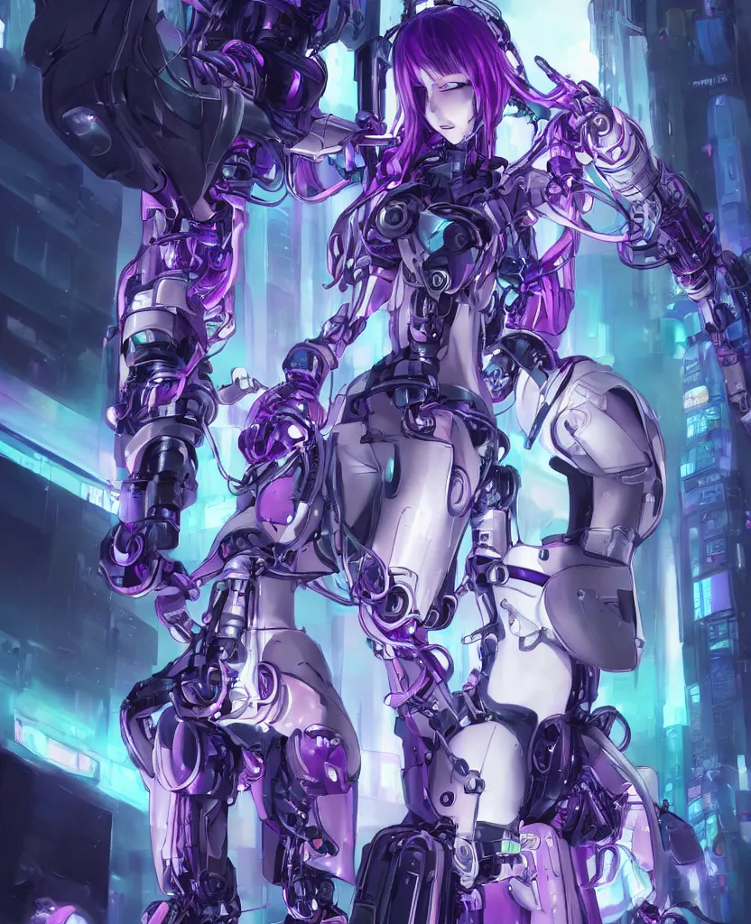 Prompt: A beautiful painting of a cyberpunk anime girl with purple hair and an a huge robot arm sensual stare, augmentations and cybernetic enhancements neon circuits, by Stanley Artgerm Lau, WLOP, Rossdraws, James Jean, Andrei Riabovitchev, Marc Simonetti, and Sakimichan, trending on artstation, hyperrealist, cinema4D, 8k highly detailed ❤️‍🔥 🔥 💀 🤖 🚀