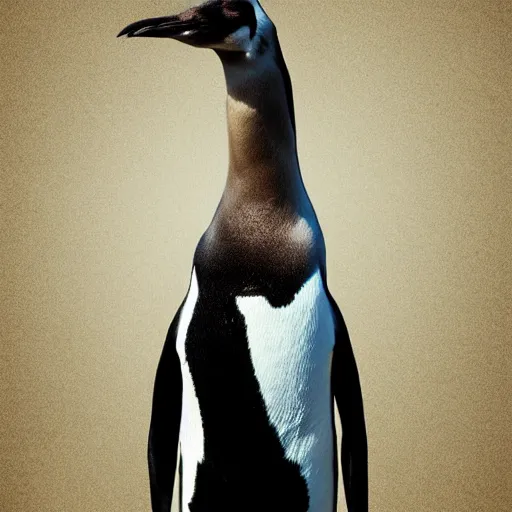 Image similar to a real photograph, full body shot, a hybrid mix between a penguin body, a giraffe neck, hyper detailed, photomanipulation, photoshop, unreal