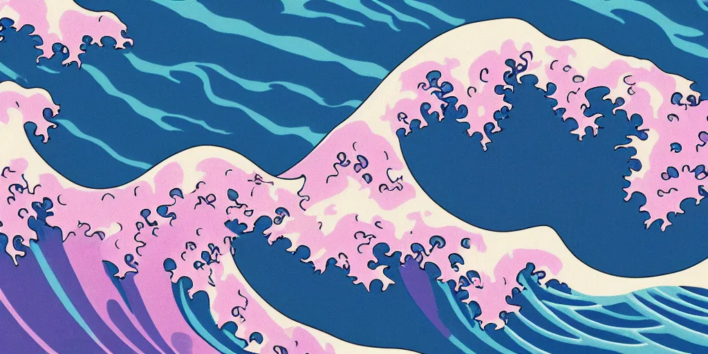 Image similar to blue purple and pink colored ocean waves rolling into the beach in the pattern of the great wave off Kanagawa, high resolution, 8k