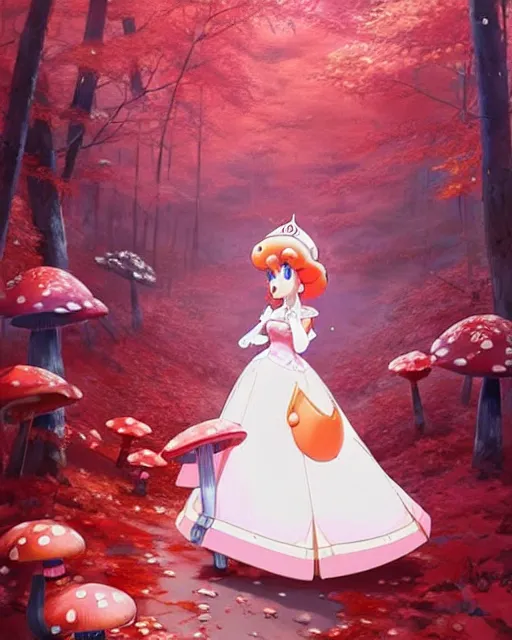 Image similar to princess peach from mario walking through a red and white spotted mushroom forest | | very very anime!!!, fine - face, realistic shaded perfect face, fine details. anime. realistic shaded lighting poster by ilya kuvshinov katsuhiro otomo ghost - in - the - shell, magali villeneuve, artgerm, jeremy lipkin and michael garmash and rob rey