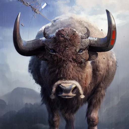 Image similar to self portrait of a robot buffalo with blue, white and red body armor, digital art, realistic, ultradetailed, concept art, art by greg rutkowski, trending on artstation, devianart, cgsociety