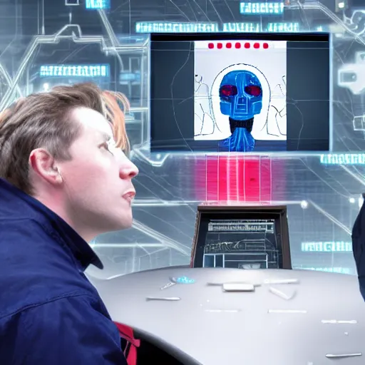 Prompt: Skynet plotting the plan for controlling humankind, becoming sentient, dystopian colored red and blue