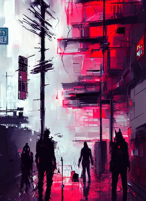 Prompt: horror art, terminators in shinjuku street, red cloud in the background, art by ismail inceoglu