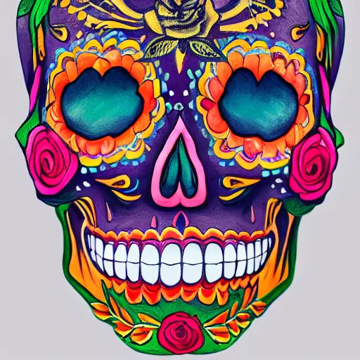 Image similar to a real - life human skull beautifully painted for dia de muertos as a sugar skull, 1 6 k resolution, ultra realistic, highly detailed, colorful, festive