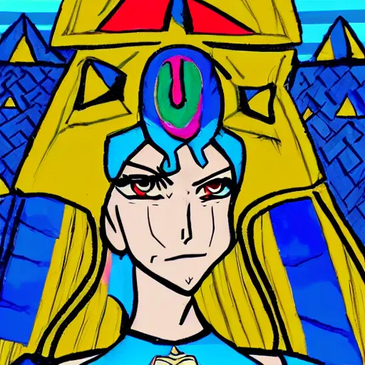 Image similar to a jojo bizarre adventures artstyle drawing : Marie the mother of Jesus dressing blue and yellow next to the pyramids