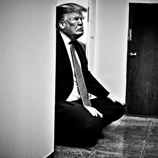 Prompt: a disheveled Trump in prison clothing sitting on a jail cell toilet crying. wide angle. The floor is grimy. candid photograph.