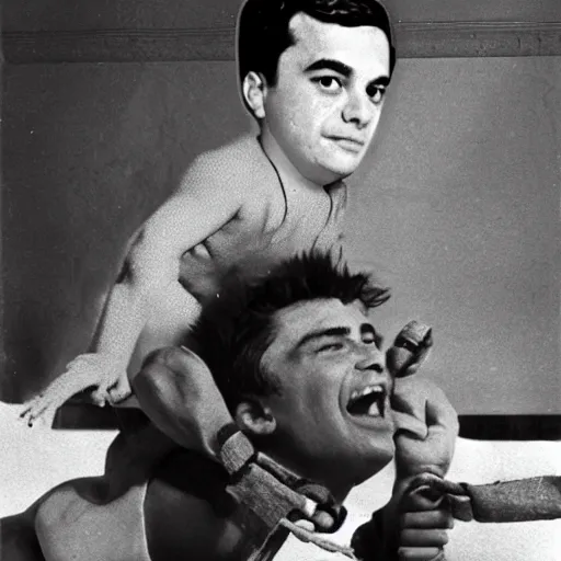 Image similar to Historical photograph of Ben Shapiro being hog-tied, high detail