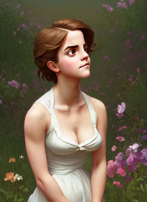 Image similar to cute buxom emma watson milkmaid, natural lighting, path traced, highly detailed, high quality, digital painting, by don bluth and ross tran and studio ghibli and alphonse mucha, artgerm