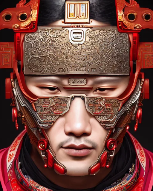 Image similar to portrait of a masculine male cyberpunk machine, machine face, upper half portrait, decorated with chinese opera motifs, asian, fine china, wuxia, traditional chinese art, intricate, elegant, highly detailed, symmetry, headpiece, digital painting, artstation concept art smooth sharp focus, illustration, art by artgerm and greg rutkowski alphonse mucha 8 k