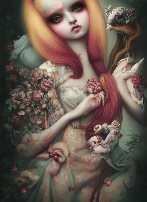 Image similar to pop surrealism, lowbrow art, realistic cute girl painting, japanese street fashion, hyper realism, muted colours, rococo, natalie shau, loreta lux, tom bagshaw, mark ryden, trevor brown style,