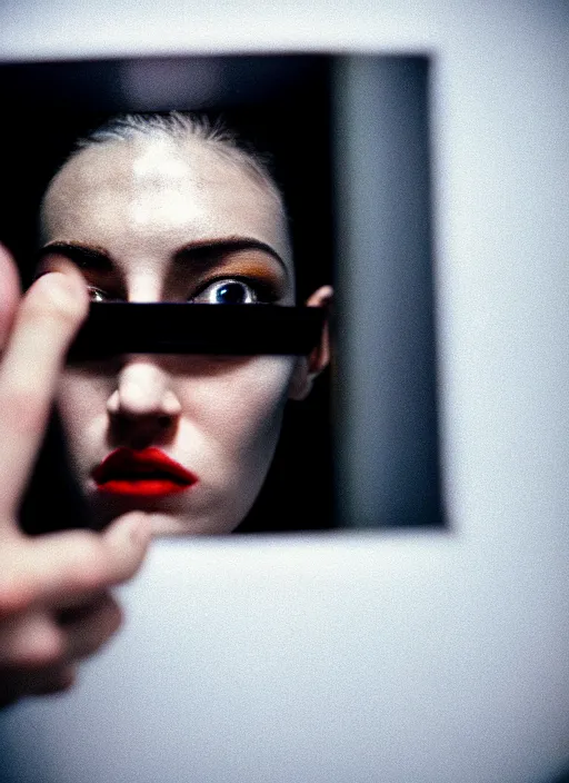 Image similar to cinestill 5 0 d candid photographic portrait by stanley kubrick of a beautiful mixed feminine man wearing black techwear and light makeup looking in a broken bathroom mirror, rundown new york apartment, medium closeup, retrofuturism grunge cyberpunk lights shadows refraction, 3 5 mm, f / 3 2, 4 k, 8 k, hd, high resolution, ultra realistic faces, intricate detail