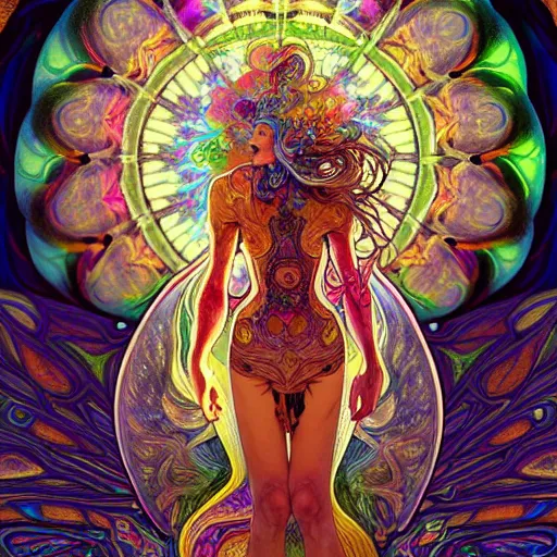 Image similar to An extremely psychedelic experience, reality bending, morphing, transforming, colorful, surreal, magic mushrooms, psilocybin, LSD, face, detailed, intricate, elegant, highly detailed, digital painting, artstation, concept art, smooth, sharp focus, illustration, art by Krenz Cushart and Artem Demura and alphonse mucha