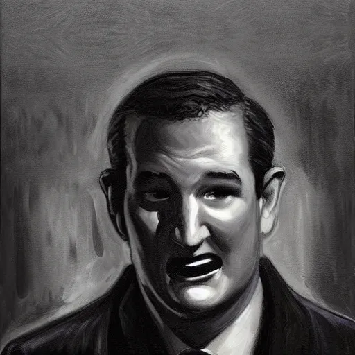 Image similar to Ted Cruz escapes, black and white, creepy lighting, scary, horror, ornate, eerie, fear, oil painting