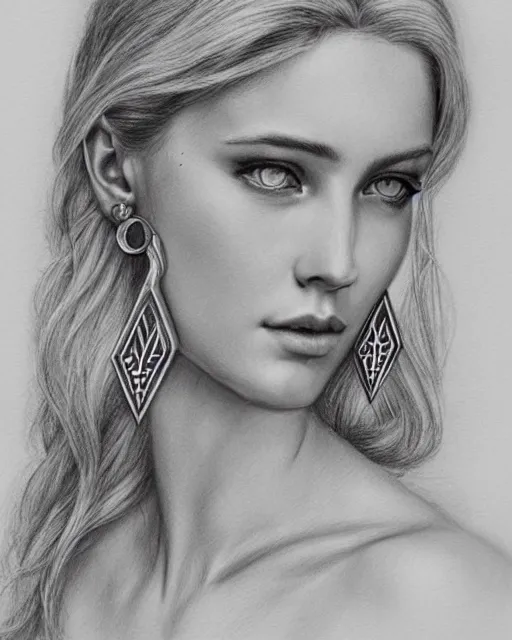 Image similar to pencil drawing of a beautiful greek goddess aphrodite with arrowhead earrings, beautiful piercing eyes, beautiful blonde hair, hyper realistic face, in the style of greg rutkowski, fantasy, amazing detail, epic, elegant, smooth, sharp focus, from the front