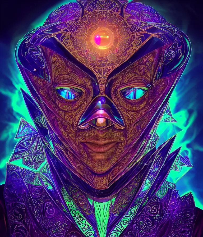 Image similar to front!!! shot of a court jester!!! character, hyperdimensional, bioluminescent hypercubes, dark holography!!!, sunset psychedelic, chrome, (((intricate))), elegant, highly detailed, centered, (((artstation, concept art, smooth, sharp focus, artgerm, Tomasz Alen Kopera, Peter Mohrbacher, donato giancola, Joseph Christian Leyendecker, WLOP, Boris Vallejo))), mugshot!!!!!, ugly!!!!!!, octane render, nvidia raytracing demo, octane render, nvidia raytracing demo, octane render, nvidia raytracing demo, grainy, muted, 8K, digitalblasphemy, metatron