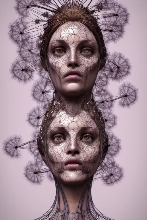 Image similar to intricate hyper detailed ultra sharp 3 d render of a witch profile portrait, 1 5 0 mm art nouveau, haute couture alexander mcqueen leaves stems, unsplash model transparent fractal dandelion yellow pistil filigree roots, intricate details, human face, facial features, elegant, hyper realistic, ultra detailed, octane render, volumetric cinematic lighting, 8 k post - production