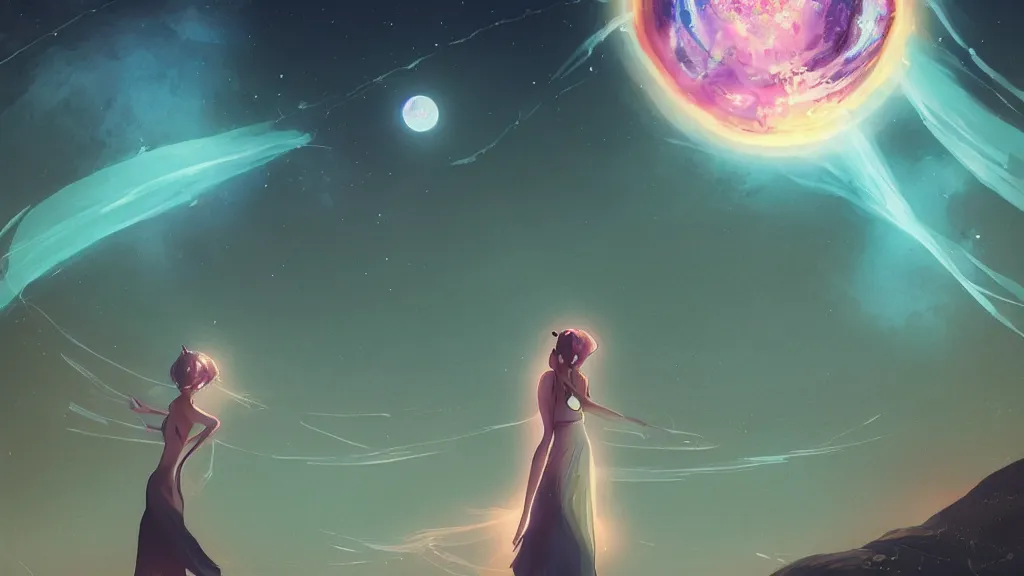 Prompt: a beautiful whimsical woman standing in a lake basking in the moonlight, underneath a multi-colored binary blackhole with an accretion disc, glowing trails following her arm, by Lois van Baarle, by Greg Rutkowski, by artgerm, by beeple, by studio ghibli, rule of thirds, cinematic angle, volumetric lighting, 4k resolution, octane render, trending on artstation, masterpiece