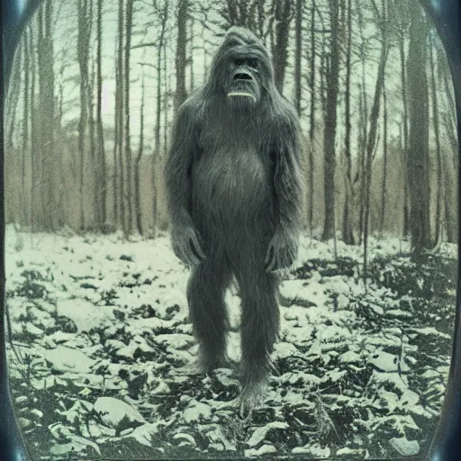 Image similar to a tarkovsky style polaroid photo of a real life bigfoot