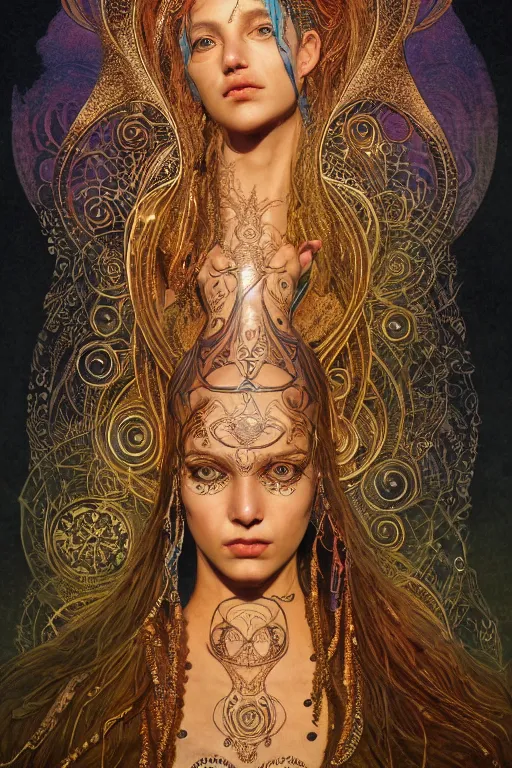 Image similar to a centered render of an mytical festival hippy with tribal tattoos wearing intricate metallic clothing surrounded by a underwater ink pour and flowing liquid gallium and sacred geometry, perfect body and face, gorgeous, cinematic, beautifully lit, by yoann lossel, by karol bak, by donato giancola, 3 d, trending on artstation, octane render, 8 k