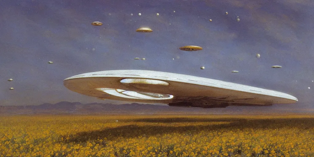 Prompt: Fernand Khnopff super technologies white giant spaceship starship battlestar airship superstructure deck, landed laying in center on tansy wormwood field, mountains afar by Fernand Khnopff by john berkey, oil painting, concept art, interstellar movie, blue disc of planet on horizon