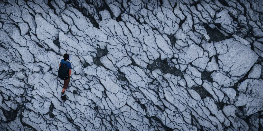 Image similar to a solo backpacker standing on the edge of the world, intense, peace, epic, Thriller, serenity, ready, calm, resolution, apipheny, serendipity, high, clenching, ultra, 8k, HD, detailed, cinematic, dramatic, lighting, bright limited color palette, in focus, sharp, landscape