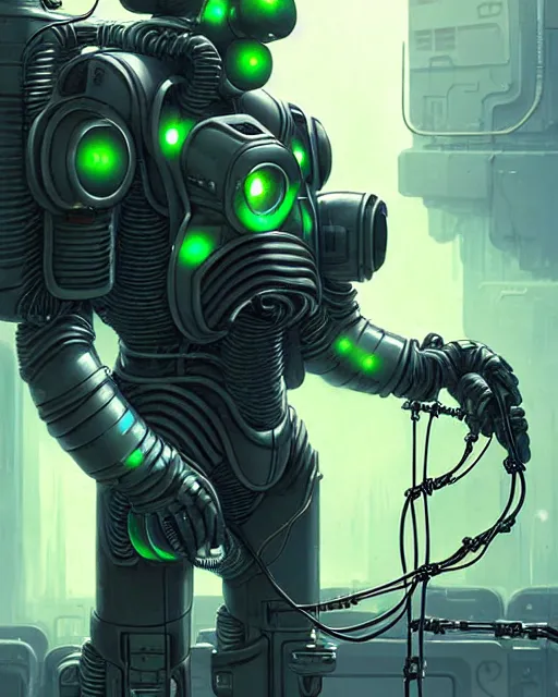 Image similar to luigi in a mech scifi suit with neurolink wires and small lights by, fantasy character portrait, ultra realistic, futuristic background by laurie greasley, concept art, intricate details, highly detailed by greg rutkowski, gaston bussiere, craig mullins, simon bisley