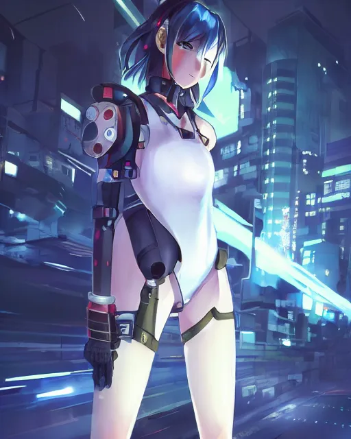 Image similar to full body image of anime girl in mechanic armor in night tokyo by makoto sinkai, perfect face, fine details