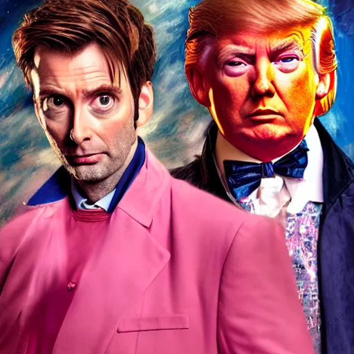 Image similar to david tennant as tenth doctor who and donald trump in pink clothes in tardis, highly detailed, artstation, concept art, fantasy, smooth, sharp focus, illustration, perfect face, art by nikolay makovsky, jacek malczewski, arthur hughes, edward okun, franz xaver winterhalter