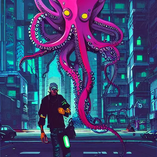 Prompt: A cyberpunk octopus cyborg eats on the street of a cyberpunk city art by Josan Gonzalez, sci-fi, highly detailed, digital painting, artstation, smooth, sharp focus, illustration, concept art by Josan Gonzalez and James Gurney and Mœbius