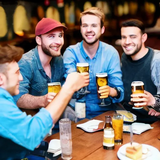 Image similar to a group of 2 7 year old men sharing a beer at a table in the style of pokemon the anime