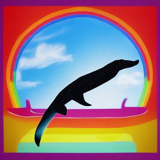 Image similar to dolphine skateboarding on a rainbow