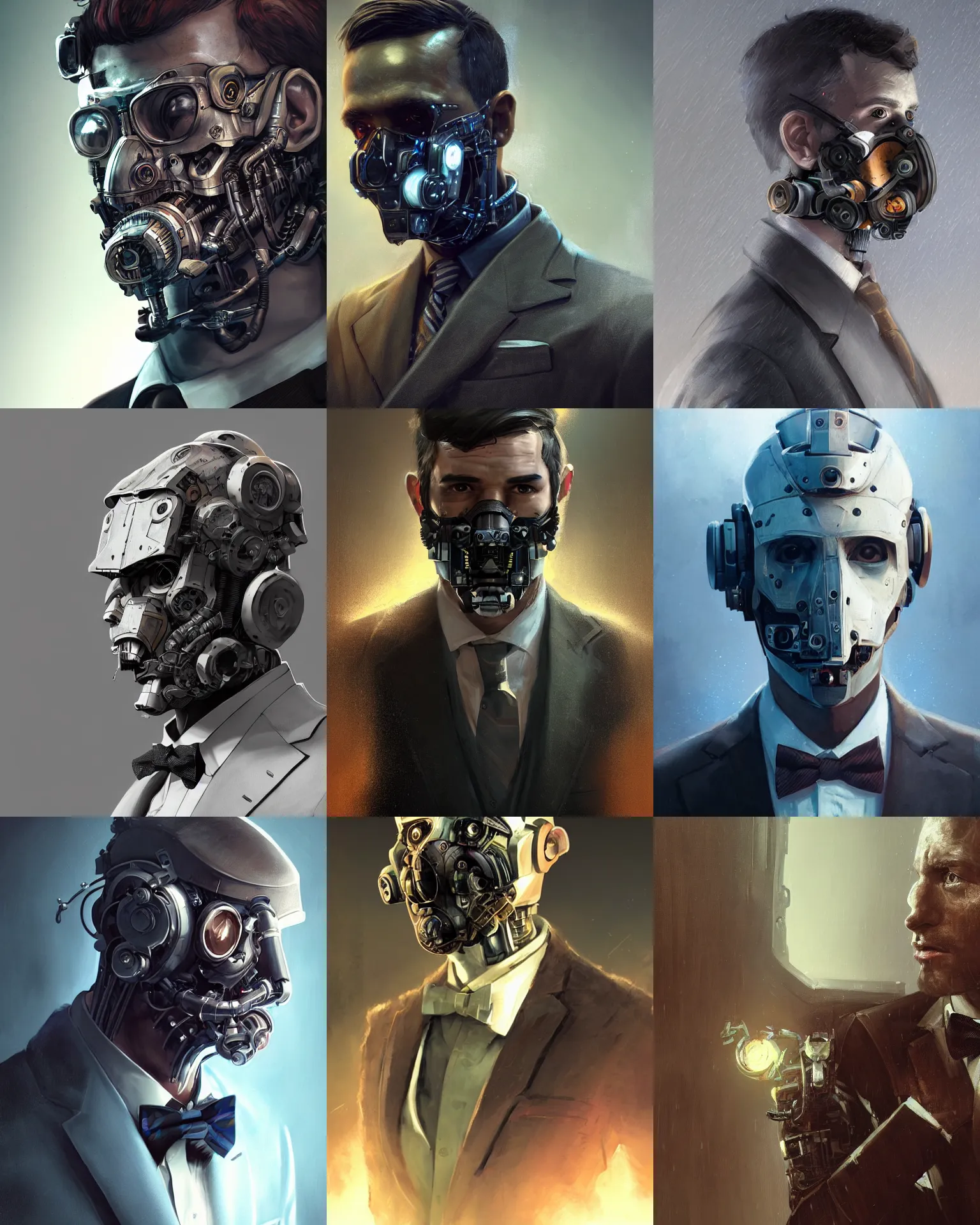 Image similar to a rugged young engineer man with cybernetic enhancements wearing a suit and bowtie, detailed face with mask, scifi character portrait by greg rutkowski, esuthio, craig mullins, 1 / 4 headshot, cinematic lighting, dystopian scifi gear, gloomy, profile picture, mechanical, half robot, implants, steampunk