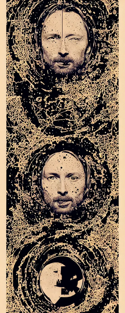 Image similar to disco diffusion portrait of Thom Yorke, on the moon:: cosmic tarot card, intricate fractal details, golden lines, broken reality, fanciful floral mandelbulb, black paper, style of wes anderson