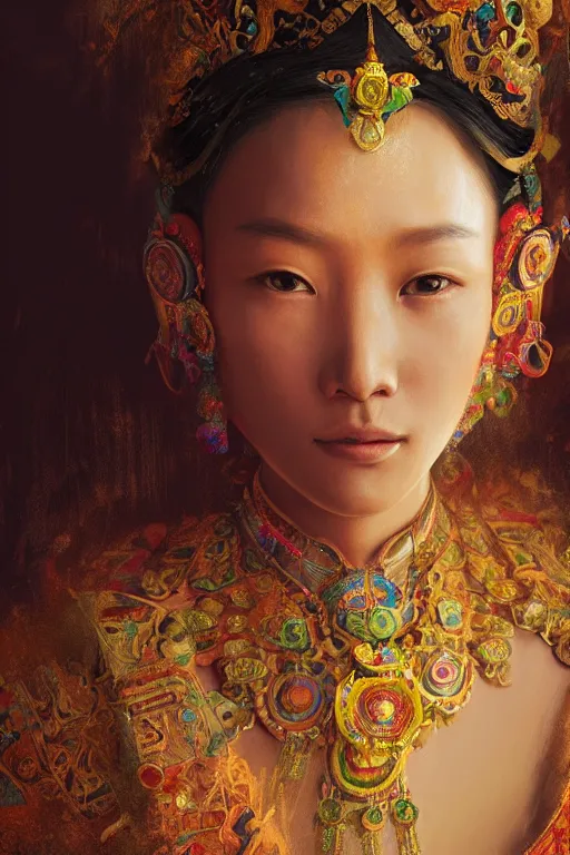 Image similar to Tibetan princess, gorgeous, close-up portrait, intricate, elegant, volumetric lighting, scenery, digital painting, highly detailed, artstation, sharp focus, illustration, concept art, ruan jia, steve mccurry