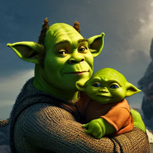 Prompt: a photorealistic photograph of shrek holding up baby yoda like simba. bright scene. fine detail. this 4 k hd image is trending on artstation, featured on behance, well - rendered, extra crisp, features intricate detail, epic composition and the style of unreal engine.
